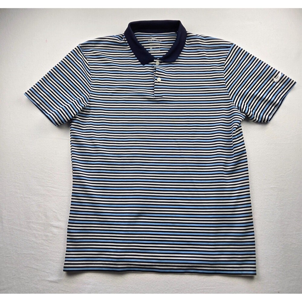 Nike Dri-FIT Mens M Striped Golf Polo Navy Blue White Performance Shirt Swoosh